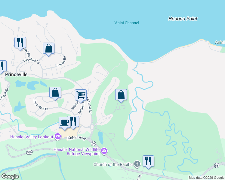 map of restaurants, bars, coffee shops, grocery stores, and more near 4001 Aloalii Drive in Princeville