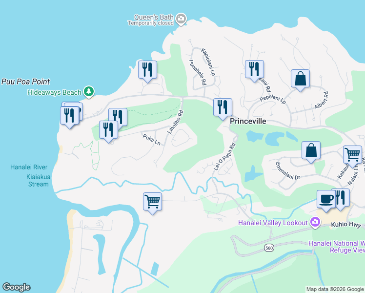 map of restaurants, bars, coffee shops, grocery stores, and more near 5094 Napookala Circle in Princeville