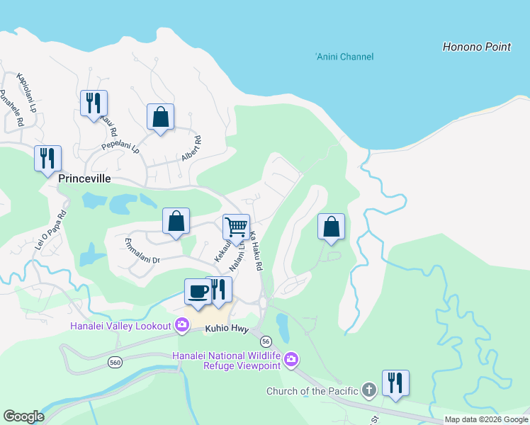 map of restaurants, bars, coffee shops, grocery stores, and more near 4480 Ka Haku Road in Princeville