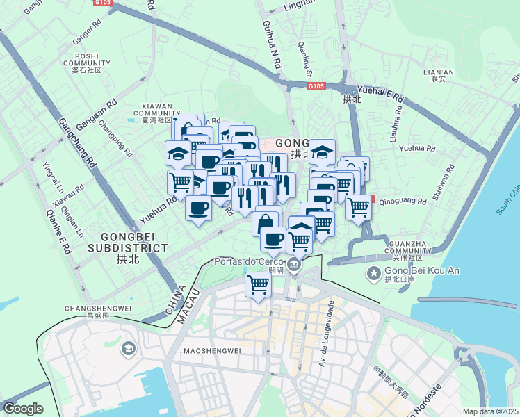 map of restaurants, bars, coffee shops, grocery stores, and more near Wei Ji Lu in Zhu Hai Shi