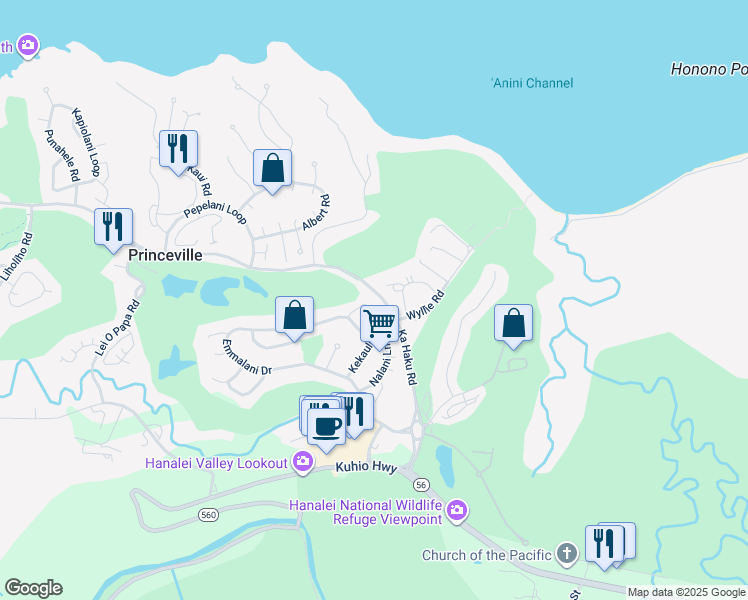 map of restaurants, bars, coffee shops, grocery stores, and more near in Princeville
