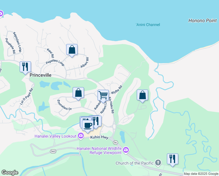 map of restaurants, bars, coffee shops, grocery stores, and more near 4480 Ka Haku Road in Princeville