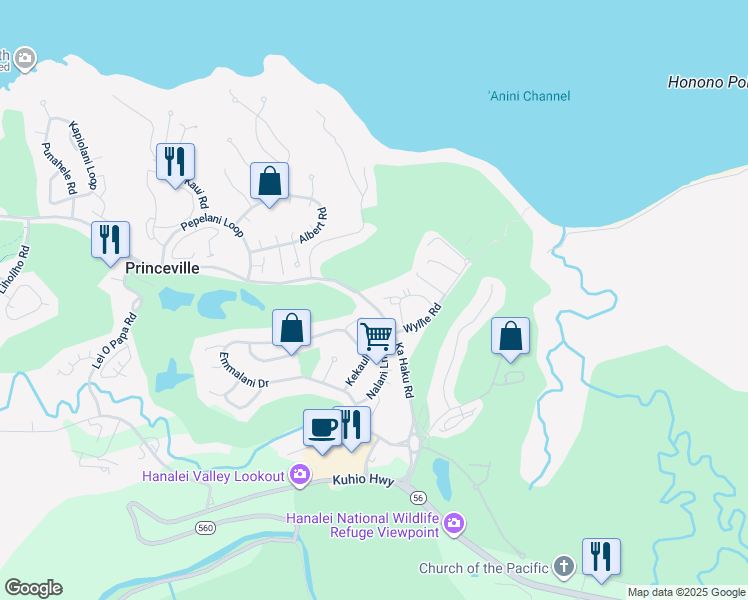 map of restaurants, bars, coffee shops, grocery stores, and more near in Princeville