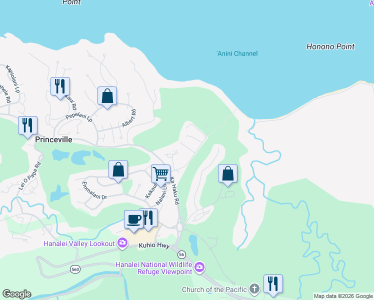 map of restaurants, bars, coffee shops, grocery stores, and more near in Kalihiwai