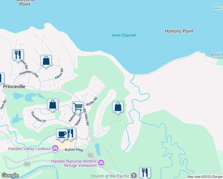 map of restaurants, bars, coffee shops, grocery stores, and more near 3946 Aloalii Drive in Princeville