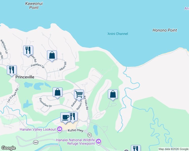 map of restaurants, bars, coffee shops, grocery stores, and more near in Kalihiwai