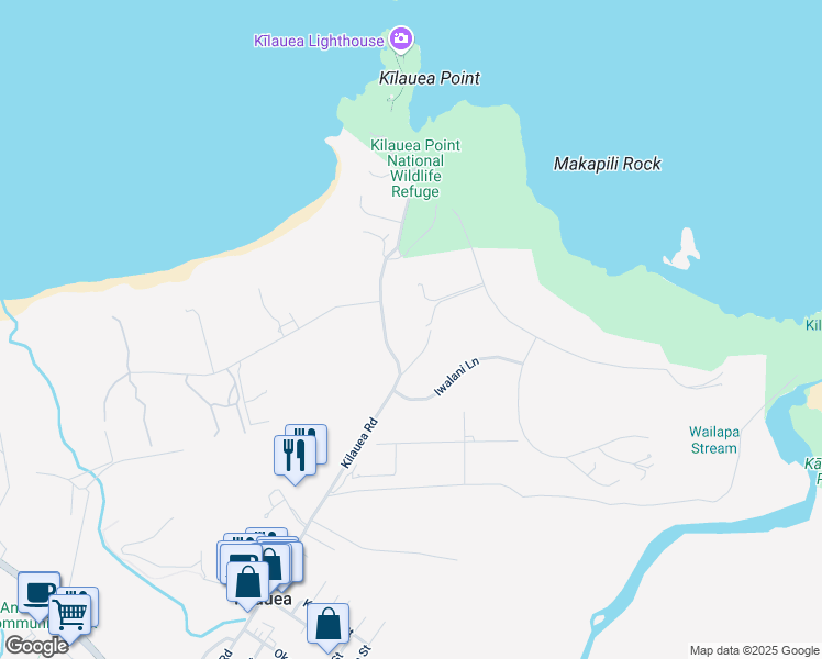 map of restaurants, bars, coffee shops, grocery stores, and more near 2399 Makana Ano Place in Kilauea