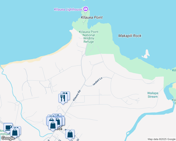 map of restaurants, bars, coffee shops, grocery stores, and more near 2399 Makana Ano Place in Kilauea