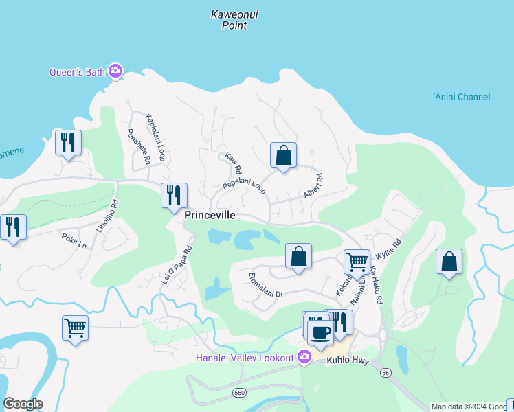map of restaurants, bars, coffee shops, grocery stores, and more near 4771 Pepelani Loop in Princeville