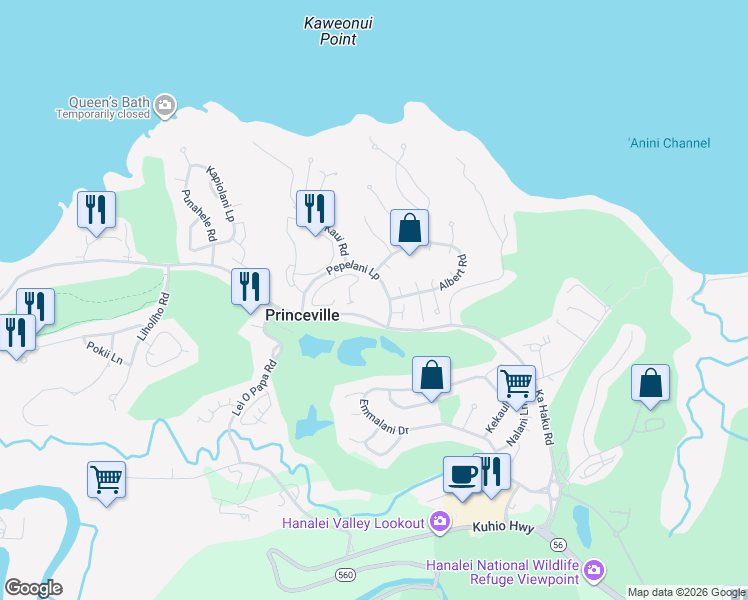 map of restaurants, bars, coffee shops, grocery stores, and more near 4771 Pepelani Loop in Princeville