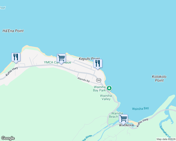 map of restaurants, bars, coffee shops, grocery stores, and more near 7215 Alealea Road in Hanalei