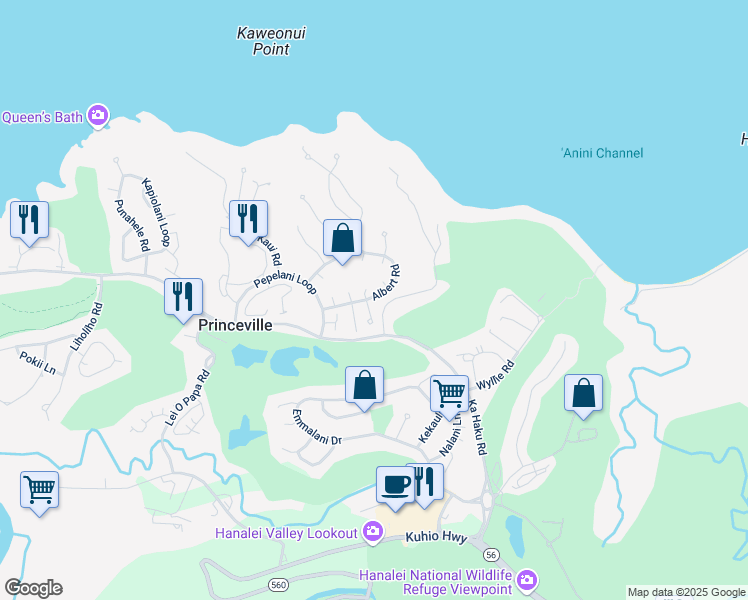 map of restaurants, bars, coffee shops, grocery stores, and more near 3807 Haulani Place in Princeville