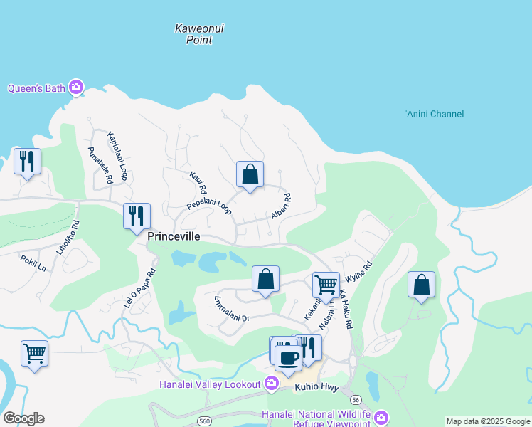 map of restaurants, bars, coffee shops, grocery stores, and more near 3807 Haulani Place in Princeville
