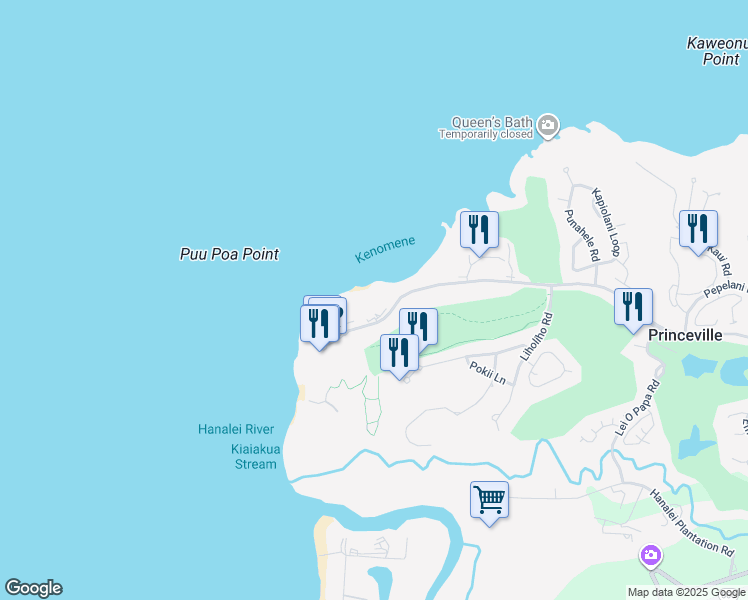map of restaurants, bars, coffee shops, grocery stores, and more near 5454 Ka Haku Road in Princeville