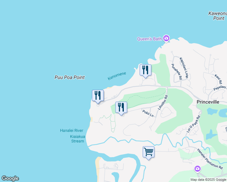 map of restaurants, bars, coffee shops, grocery stores, and more near 5454 Ka Haku Road in Princeville