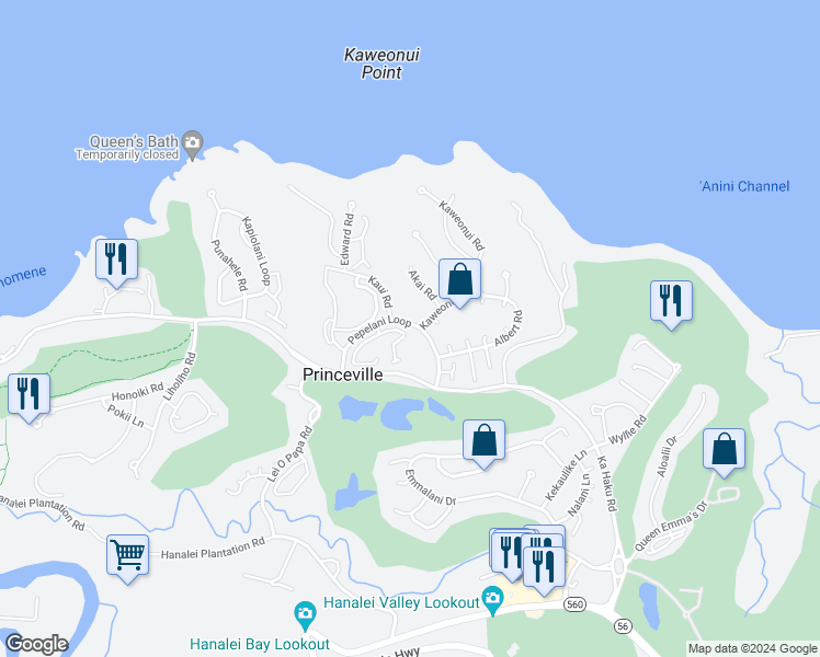 map of restaurants, bars, coffee shops, grocery stores, and more near 4801 Pepelani Loop in Princeville