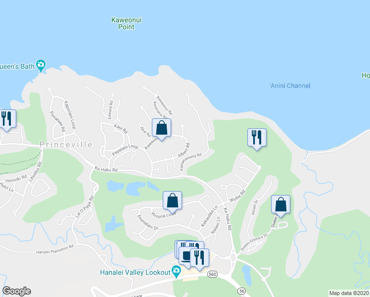 map of restaurants, bars, coffee shops, grocery stores, and more near 3793 Moae Place in Princeville