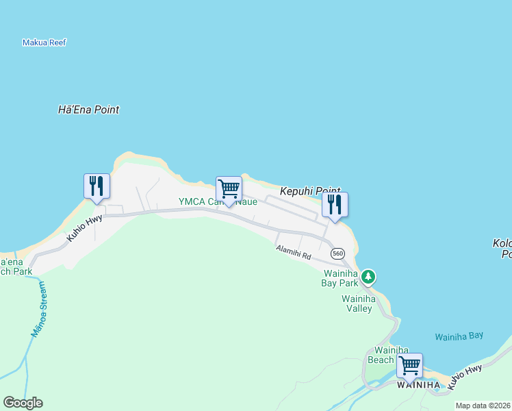 map of restaurants, bars, coffee shops, grocery stores, and more near 7322 Alealea Road in Hanalei