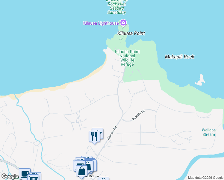 map of restaurants, bars, coffee shops, grocery stores, and more near 4 Kauapea Road in Kilauea
