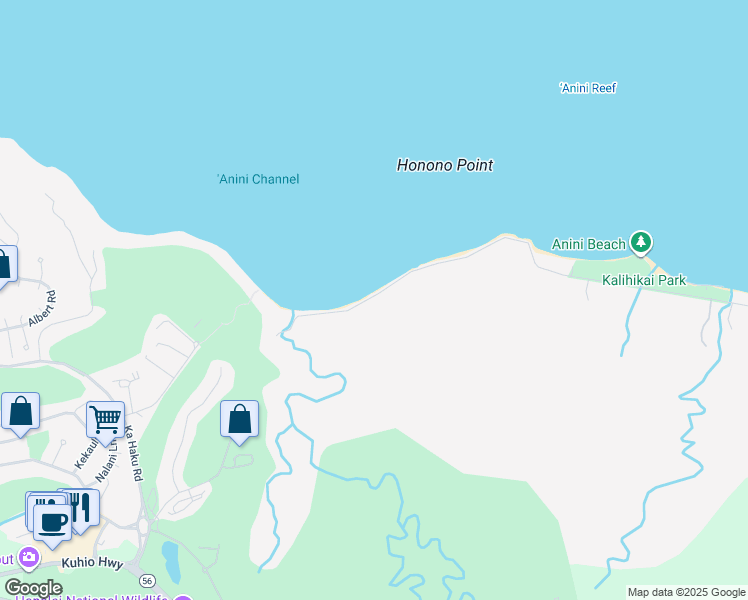 map of restaurants, bars, coffee shops, grocery stores, and more near 4277 Anini Road in Kilauea