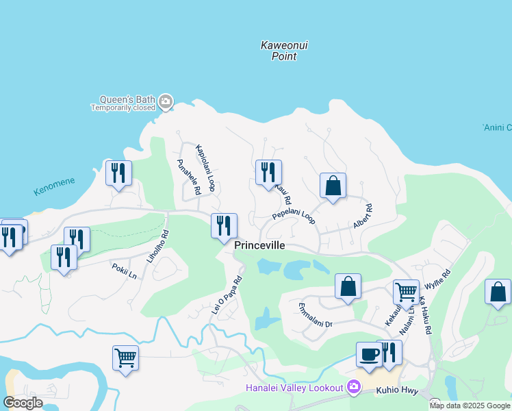 map of restaurants, bars, coffee shops, grocery stores, and more near 3730 Kamehameha Road in Princeville