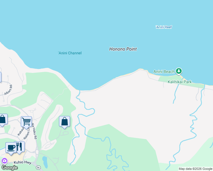 map of restaurants, bars, coffee shops, grocery stores, and more near 4277 Anini Road in Kilauea