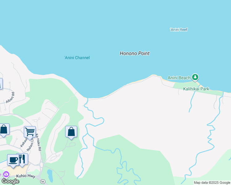 map of restaurants, bars, coffee shops, grocery stores, and more near 4277 Anini Road in Kilauea