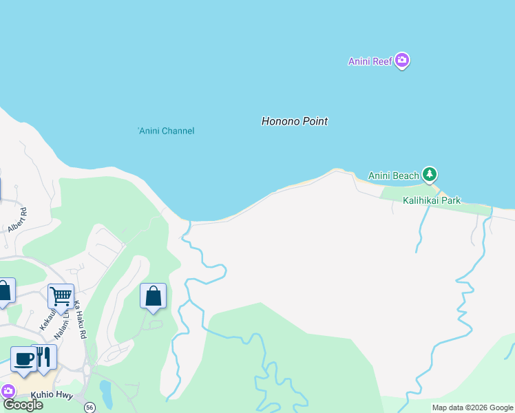 map of restaurants, bars, coffee shops, grocery stores, and more near 4277 Anini Road in Kilauea