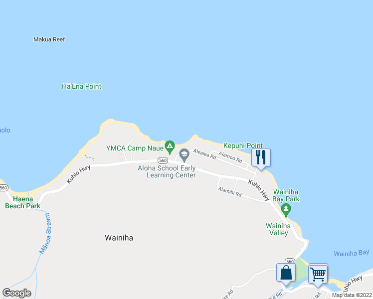 map of restaurants, bars, coffee shops, grocery stores, and more near 7356 Alealea Road in Hanalei