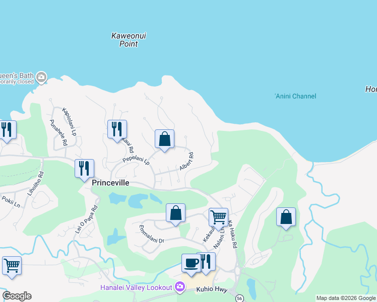 map of restaurants, bars, coffee shops, grocery stores, and more near 3812 Iluna Place in Princeville