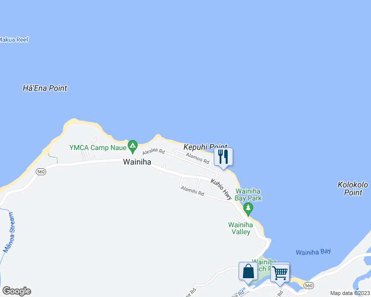 map of restaurants, bars, coffee shops, grocery stores, and more near 7276 Alamoo Road in Hanalei