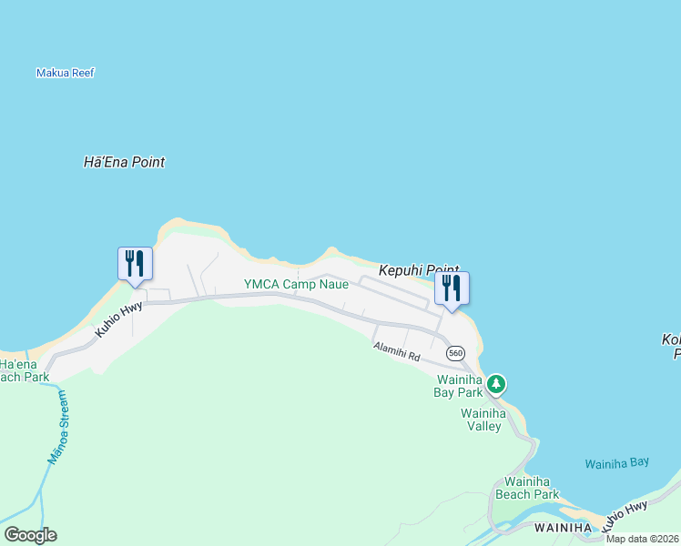 map of restaurants, bars, coffee shops, grocery stores, and more near 7322 Alealea Road in Hanalei