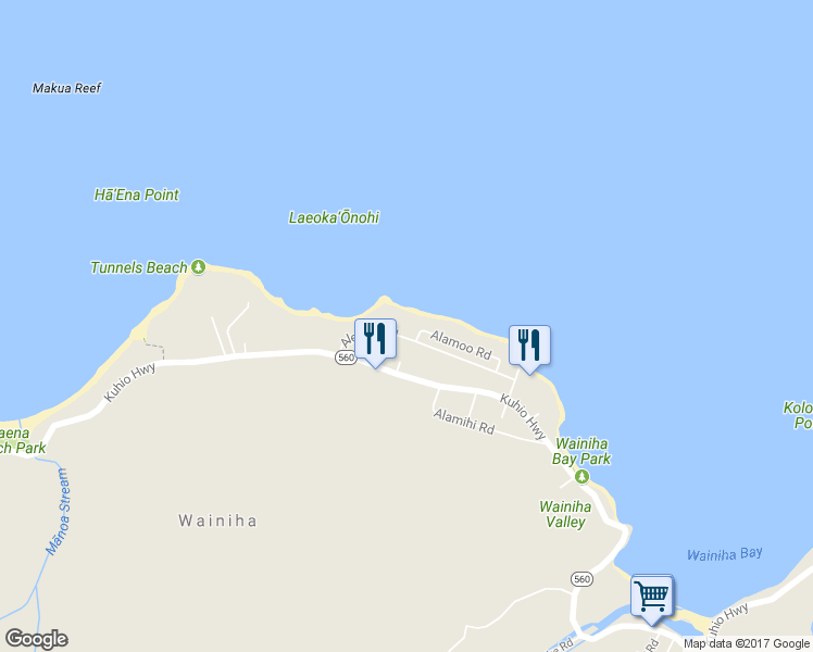map of restaurants, bars, coffee shops, grocery stores, and more near 7322 Alealea Road in Hanalei