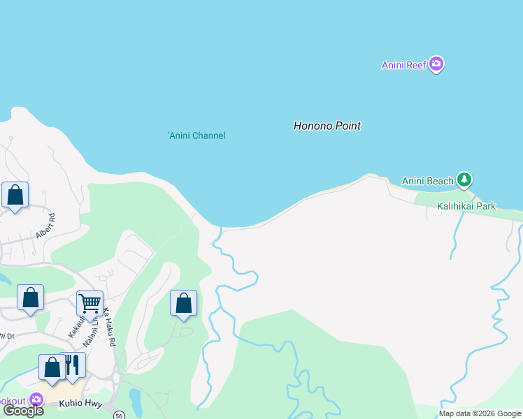 map of restaurants, bars, coffee shops, grocery stores, and more near 4323 Anini Road in Kilauea