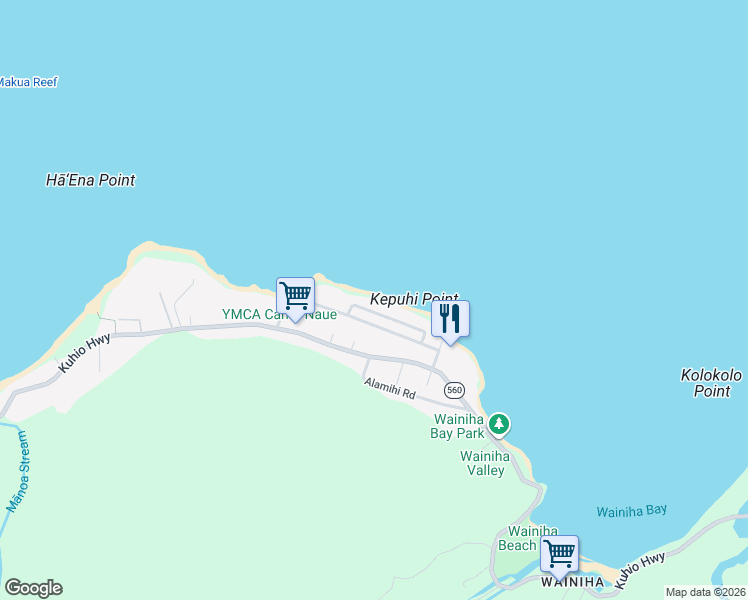 map of restaurants, bars, coffee shops, grocery stores, and more near 7276 Alamoo Road in Hanalei