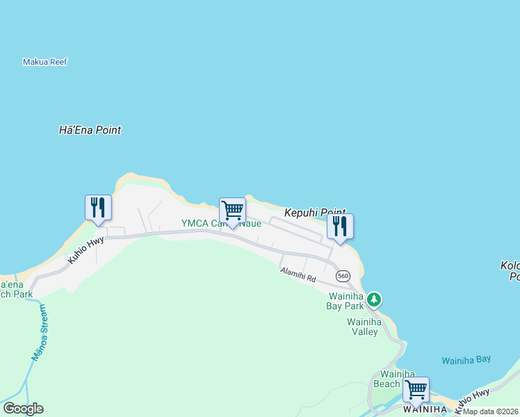 map of restaurants, bars, coffee shops, grocery stores, and more near 7322 Alealea Road in Hanalei