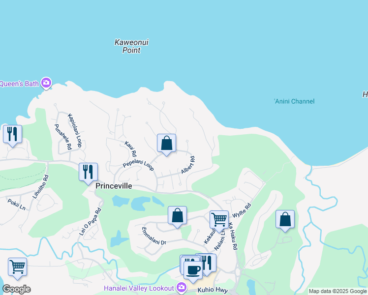 map of restaurants, bars, coffee shops, grocery stores, and more near 3812 Iluna Place in Princeville
