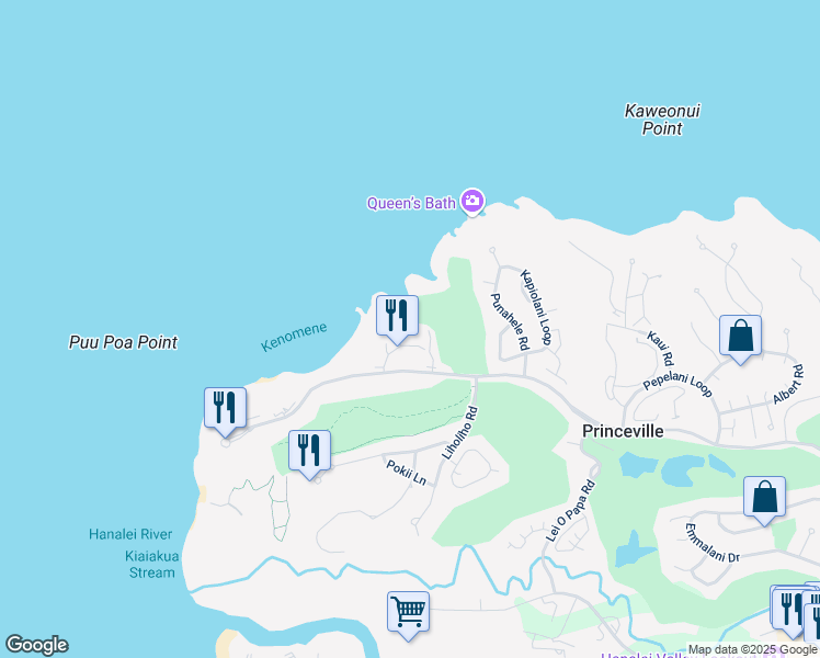 map of restaurants, bars, coffee shops, grocery stores, and more near 5300 Ka Haku Road in Princeville