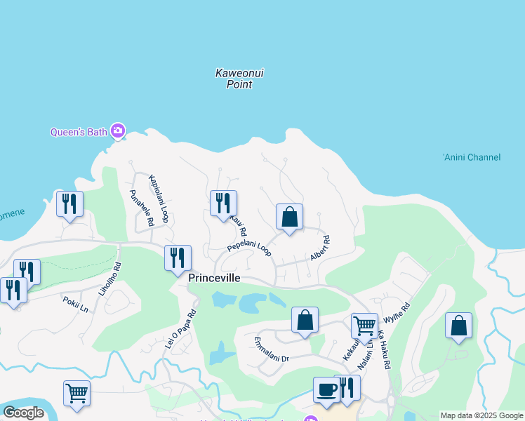 map of restaurants, bars, coffee shops, grocery stores, and more near 4910 Akai Road in Princeville