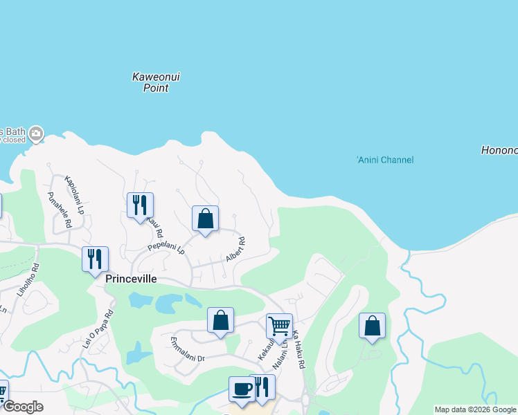 map of restaurants, bars, coffee shops, grocery stores, and more near 3771 Kelii Place in Princeville