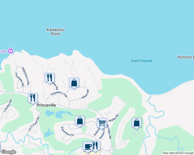 map of restaurants, bars, coffee shops, grocery stores, and more near 3730 Kamehameha Road in Princeville
