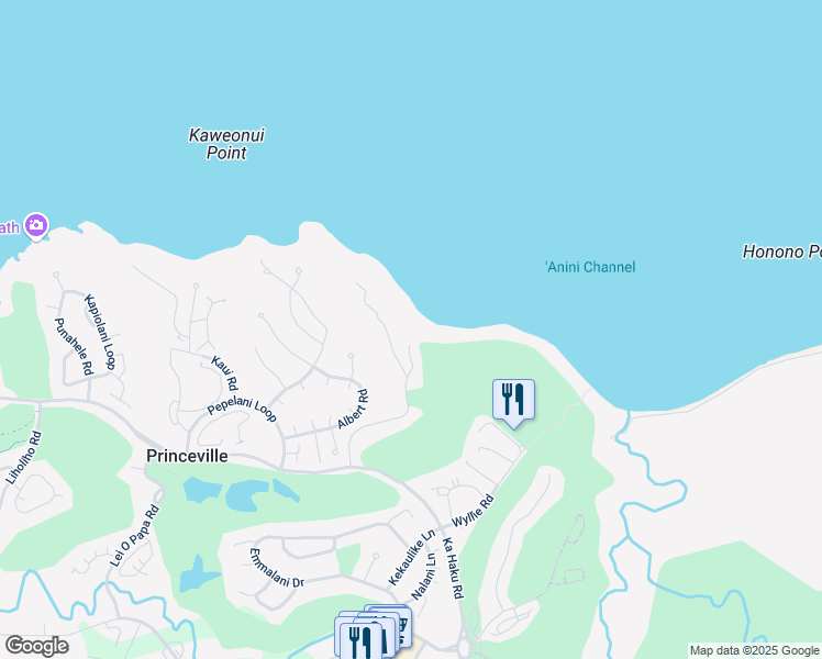 map of restaurants, bars, coffee shops, grocery stores, and more near 3730 Kamehameha Road in Princeville