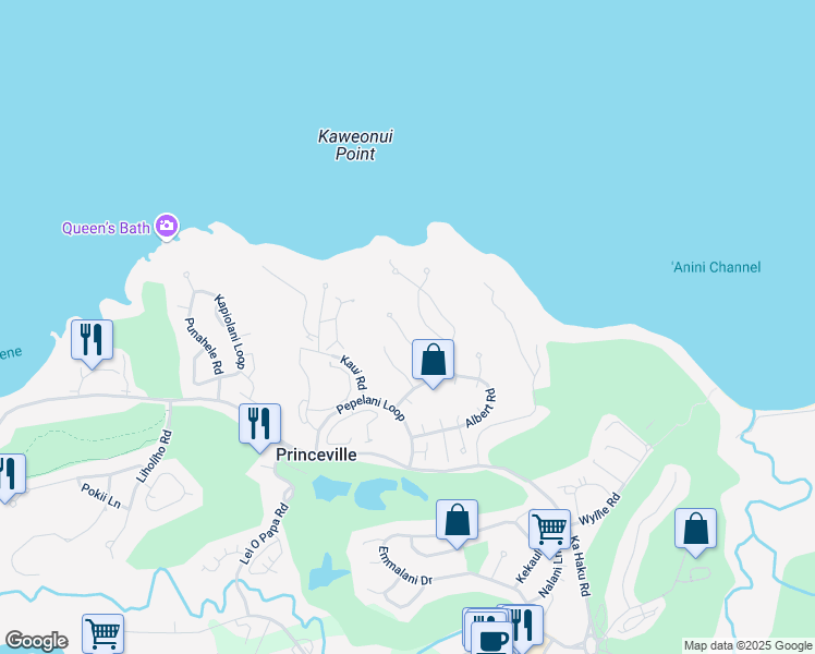 map of restaurants, bars, coffee shops, grocery stores, and more near 4910 Akai Road in Princeville