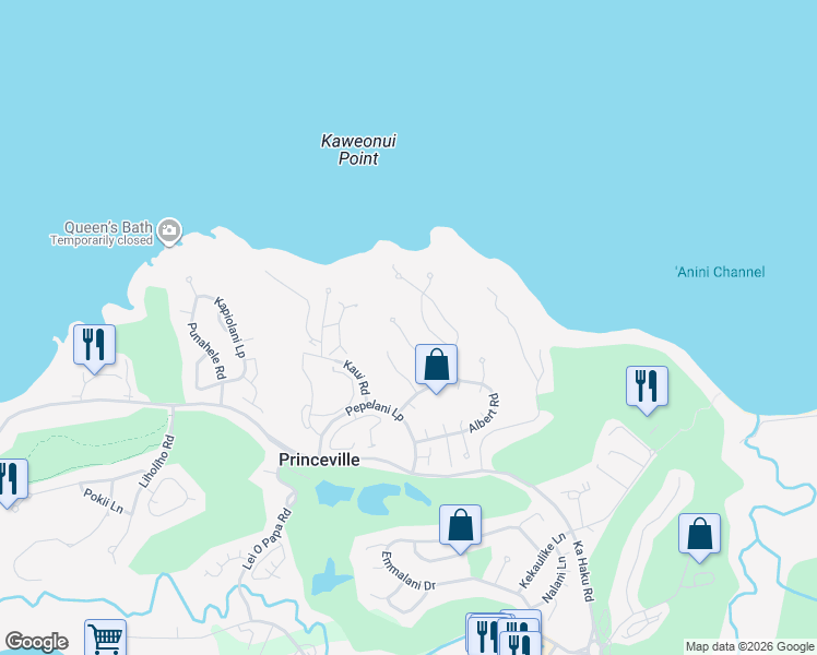 map of restaurants, bars, coffee shops, grocery stores, and more near 3651 Albert Road in Princeville