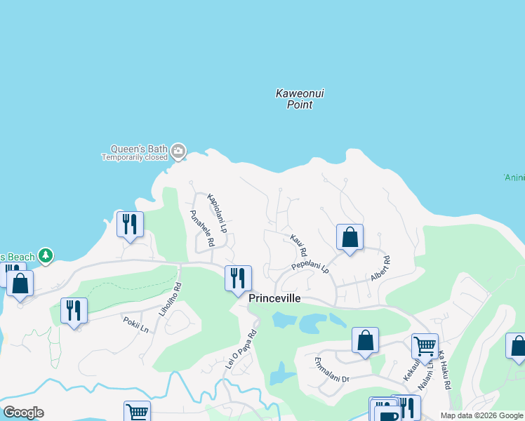 map of restaurants, bars, coffee shops, grocery stores, and more near 3830 Edward Road in Princeville
