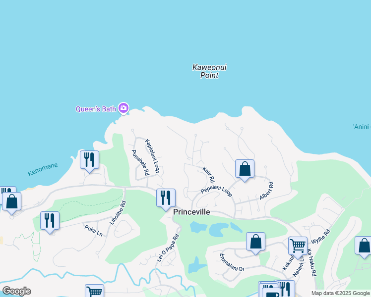 map of restaurants, bars, coffee shops, grocery stores, and more near 3811 Edward Road in Princeville