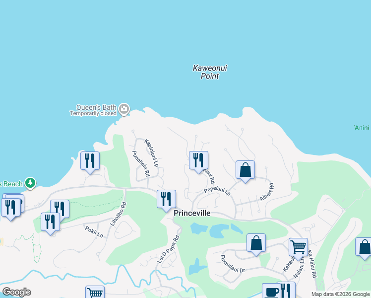 map of restaurants, bars, coffee shops, grocery stores, and more near 3811 Edward Road in Princeville