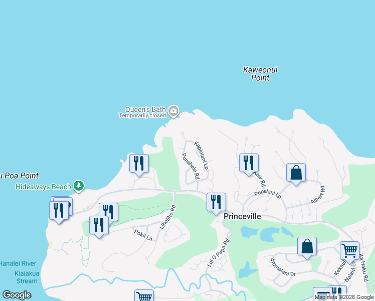 map of restaurants, bars, coffee shops, grocery stores, and more near 3817 Punahele Road in Princeville