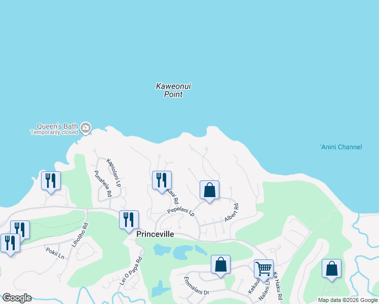 map of restaurants, bars, coffee shops, grocery stores, and more near 3559 Kaweonui Road in Princeville