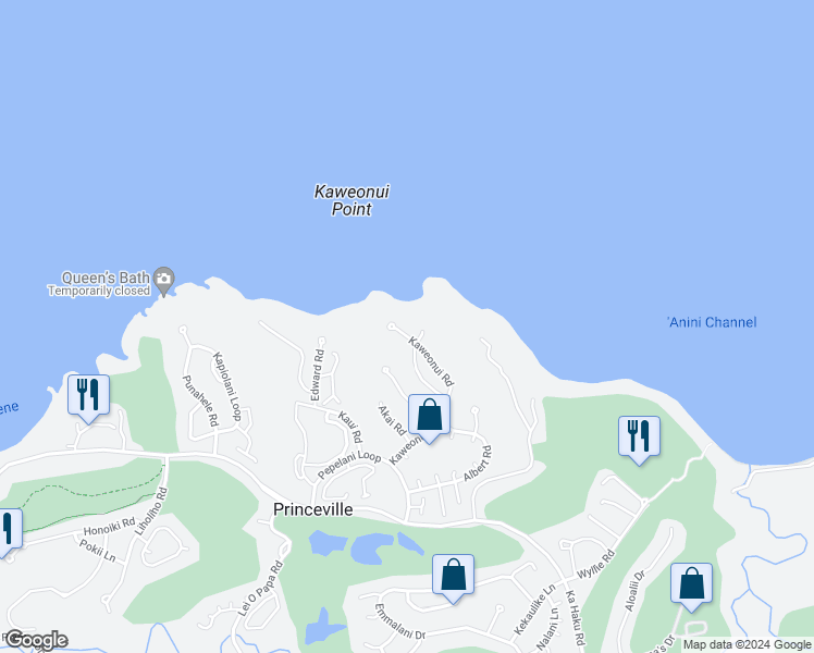 map of restaurants, bars, coffee shops, grocery stores, and more near 3581 Kaweonui Road in Princeville